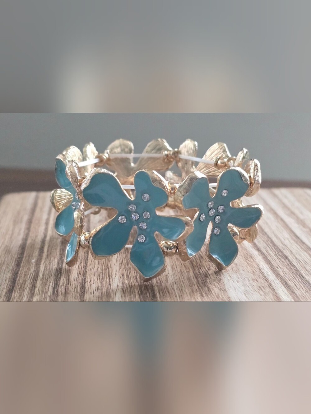 Blue Floral Clear Crystals Stretch Bracelet